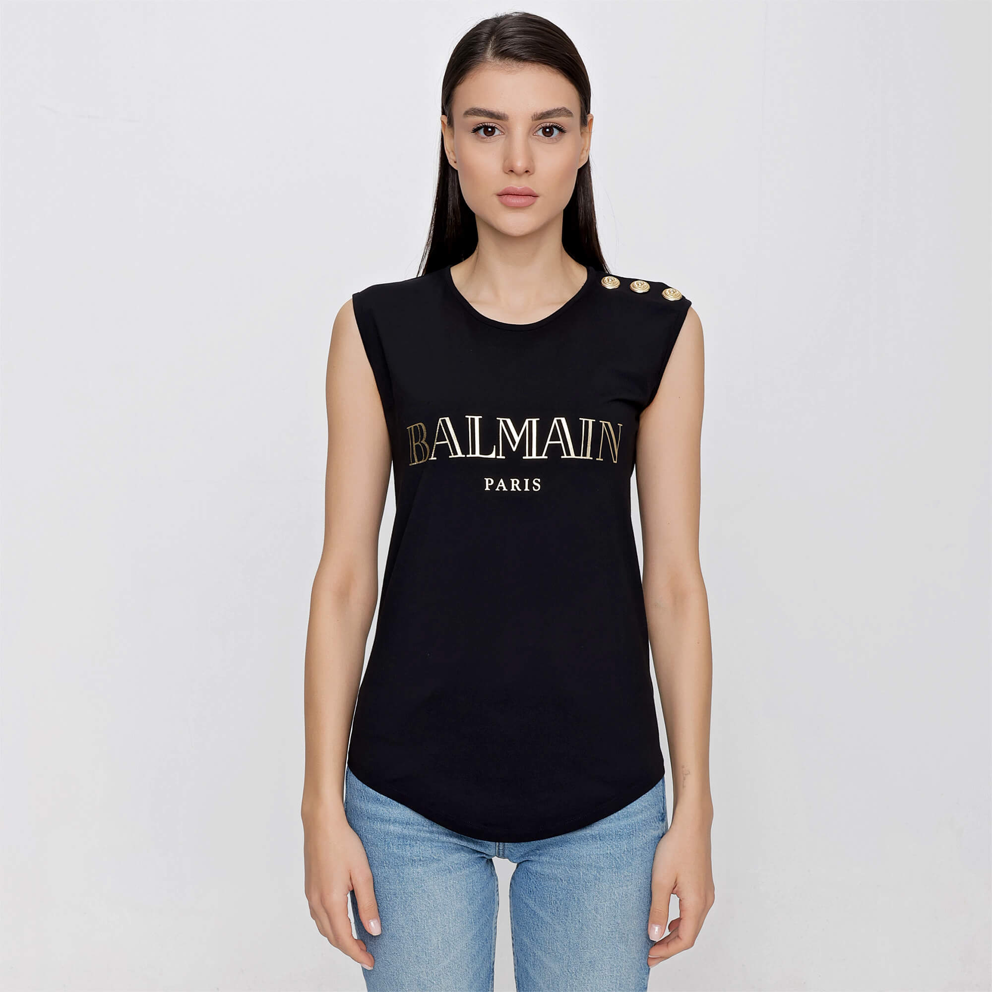 Balmain - Black Gold Tone Balmain Logo Sleeveless T-shirt